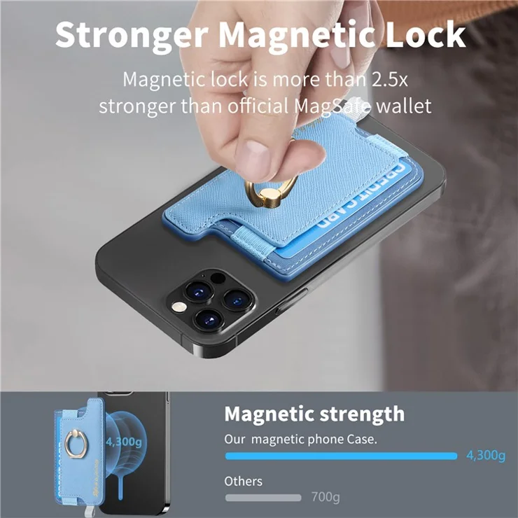 MC-W13 Magnetic Card Holder Ring Kickstand Leather Card Bag Sleeve Pouch - Blue