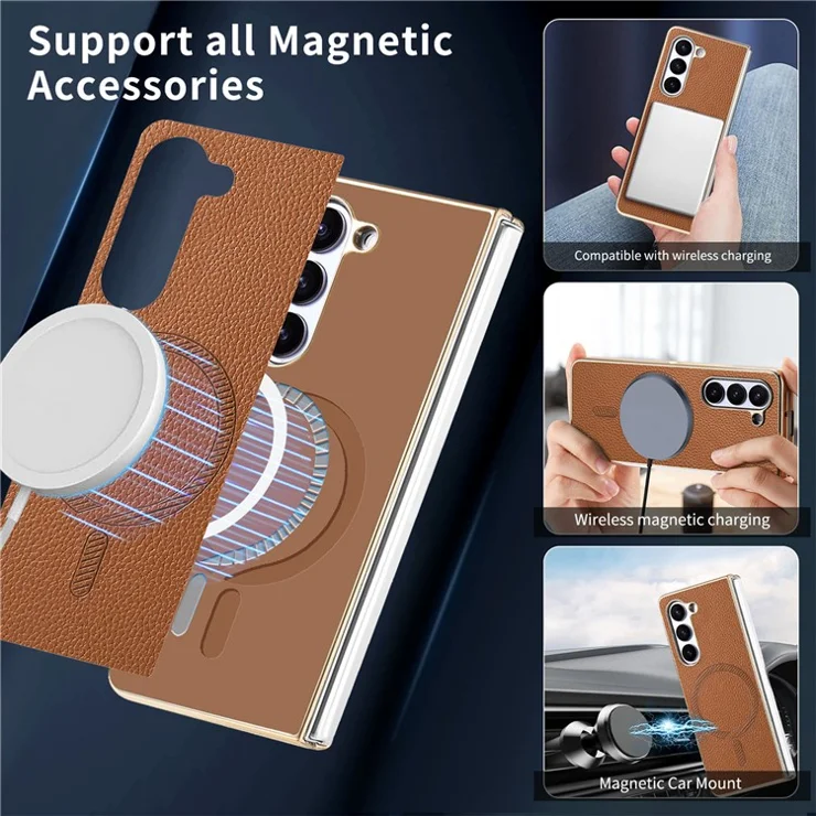 For Samsung Galaxy Z Fold6 5G Magnetic Case Leather+TPU Phone Cover with Screen Film - Brown