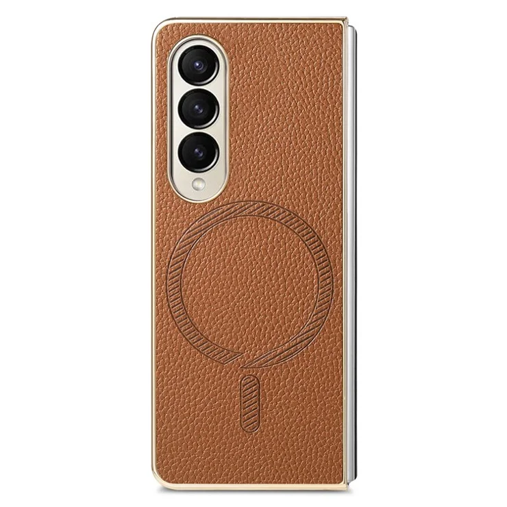 For Samsung Galaxy Z Fold4 5G Magnetic Case Leather+TPU Phone Cover with Screen Film - Brown