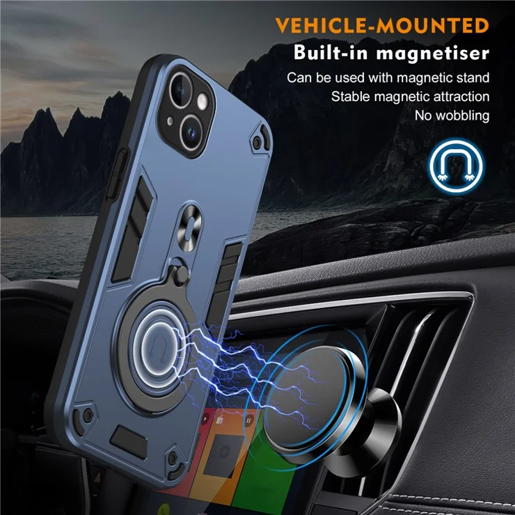 For iPhone 15 Plus Case Rotatable Kickstand PC+TPU Drop Protection Phone Cover - Blue