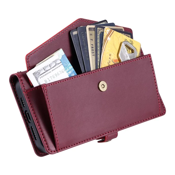 For Xiaomi Poco X6 5G / Redmi Note 13 Pro 5G Leather Case Wallet Stand Phone Cover with Straps - Wine Red