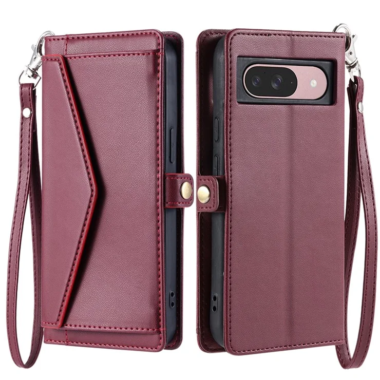 For Google Pixel 9 Pro / Pixel 9 Leather Case with Wrist Strap Wallet Stand Phone Cover - Wine Red