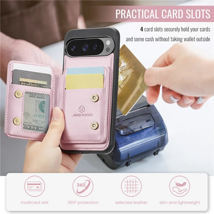 JEEHOOD J05 For Google Pixel 9 Pro XL Case Leather Mobile Cover with Detachable Magnetic Card Bag - Pink