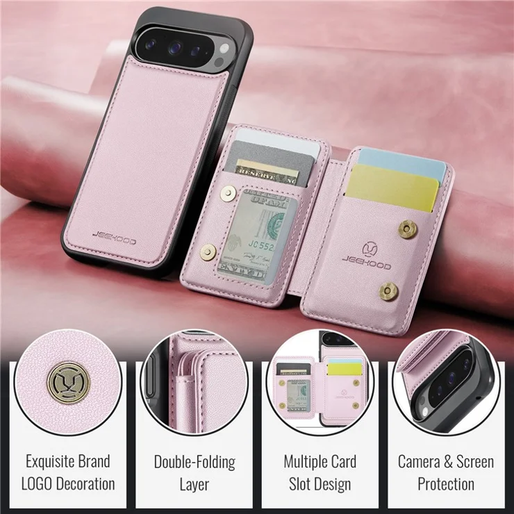 JEEHOOD J05 For Google Pixel 9 Pro XL Case Leather Mobile Cover with Detachable Magnetic Card Bag - Pink