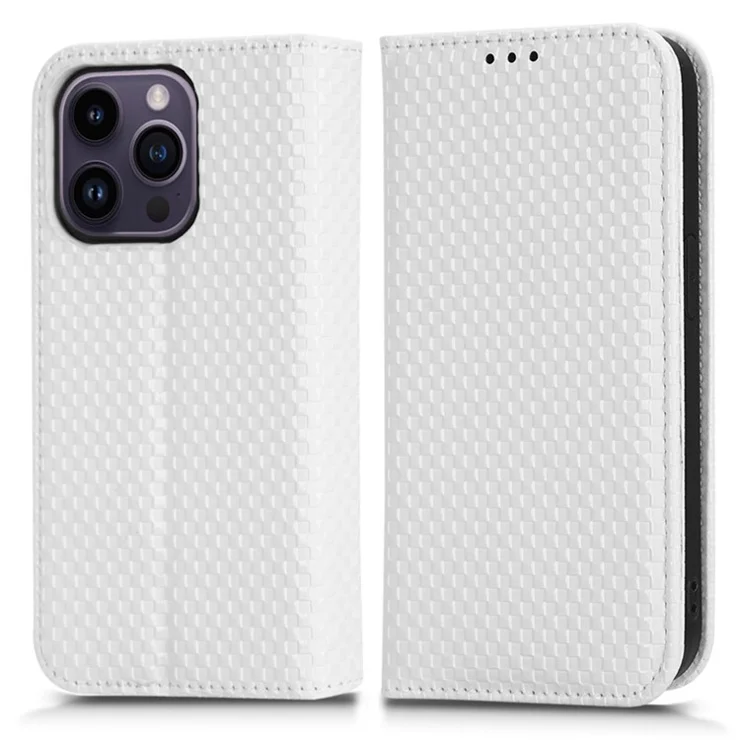 For iPhone 14 Pro Grid Texture PU Leather Stand Case Magnetic Auto-absorbed Folio Flip Cell Phone Wallet Cover - White