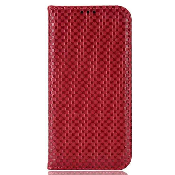 For Samsung Galaxy A12 / M12 PU Leather Stand Case, Grid Texture Magnetic Auto-absorbed Cell Phone Wallet Cover - Wine Red