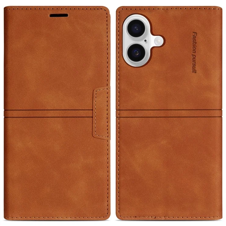 For iPhone 16 Wallet Case Magnetic Closing Leather Phone Cover - Brown