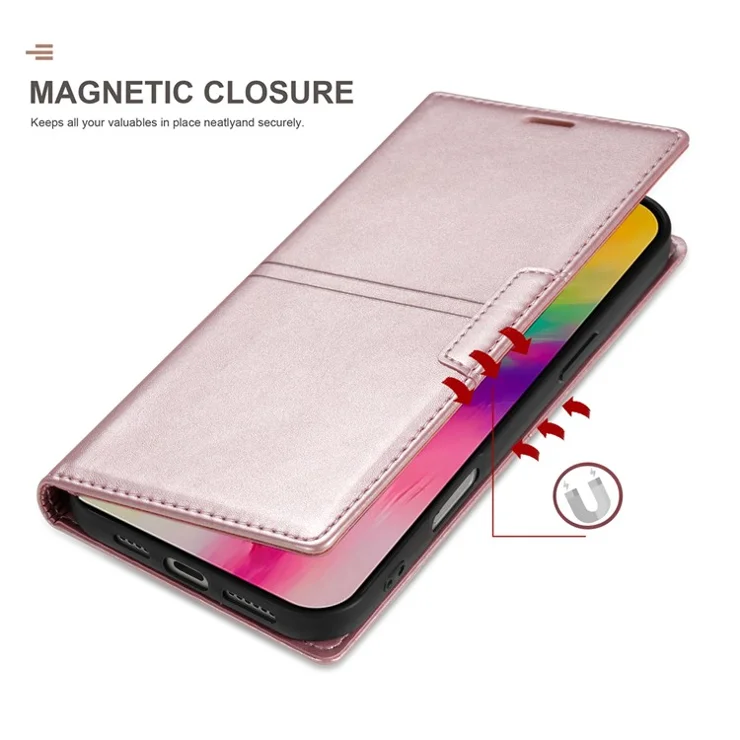 For iPhone 16 Wallet Case Magnetic Closing Leather Phone Cover - Rose Gold