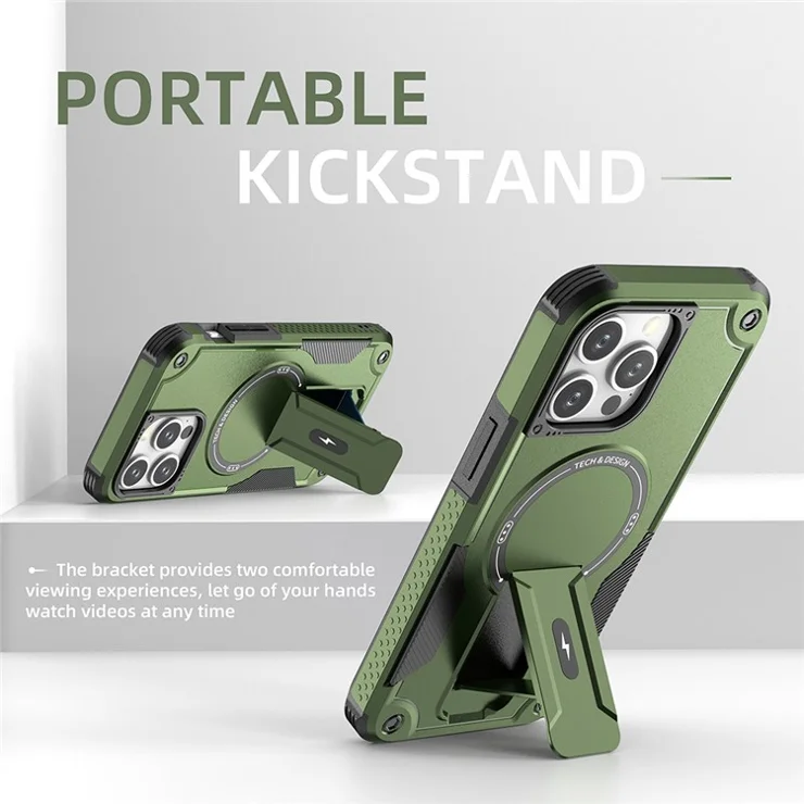 For iPhone 16 Pro Case Compatible with MagSafe TPU+PC Kickstand Phone Cover with Strap - Army Green