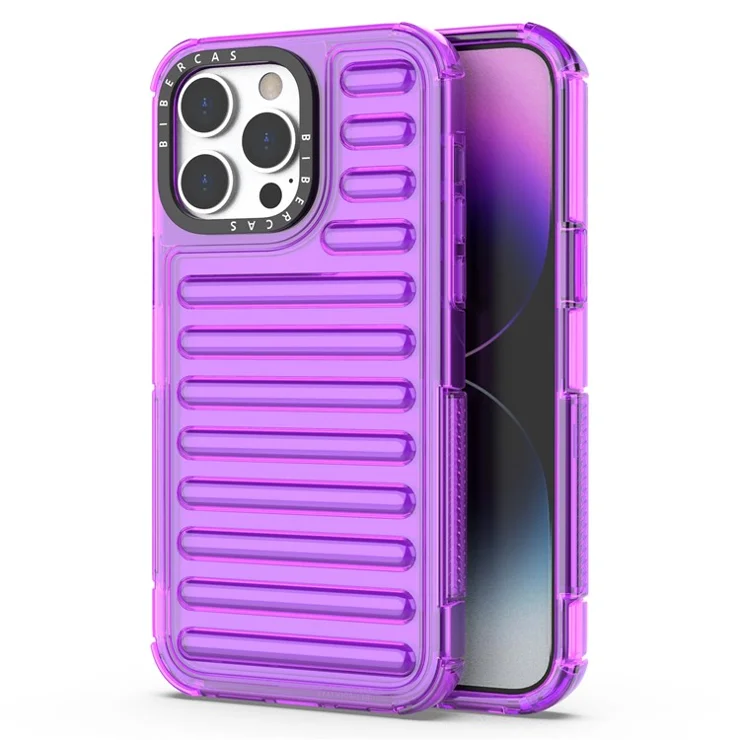 For iPhone 15 Pro Case Stripe Design Anti-Slip Detachable TPU+PC Phone Cover - Purple