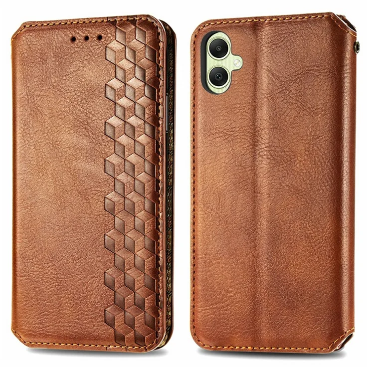 For Samsung Galaxy A06 4G PU Leather Case Rhombus Imprint Wallet Stand Phone Cover - Brown