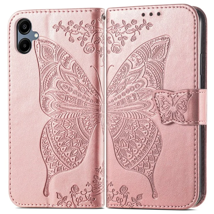 For Samsung Galaxy A06 4G Case PU Leather Wallet Phone Cover Butterfly Pattern - Rose Gold