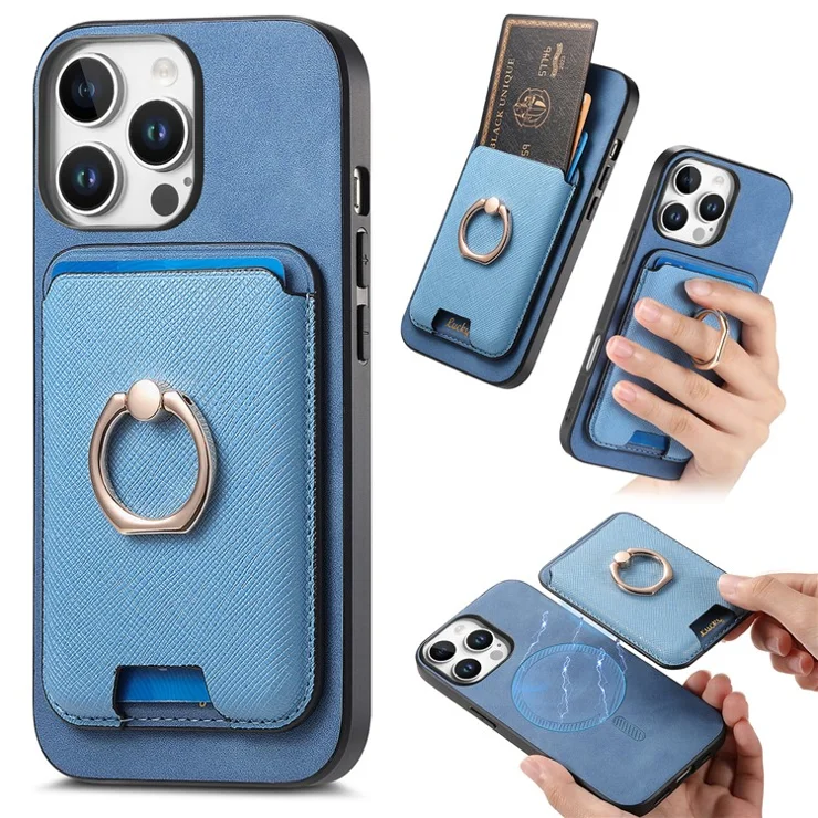 For iPhone 16 Pro Max Magnetic Case Leather+TPU Phone Cover Detachable Card Bag - Blue