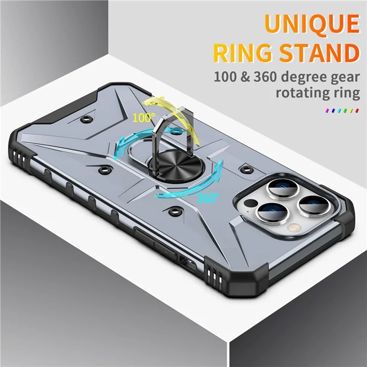 For iPhone 14 Pro Max Armor Case Hard PC Soft TPU Impact-Resistant Protective Cover with Ring Kickstand - Blue