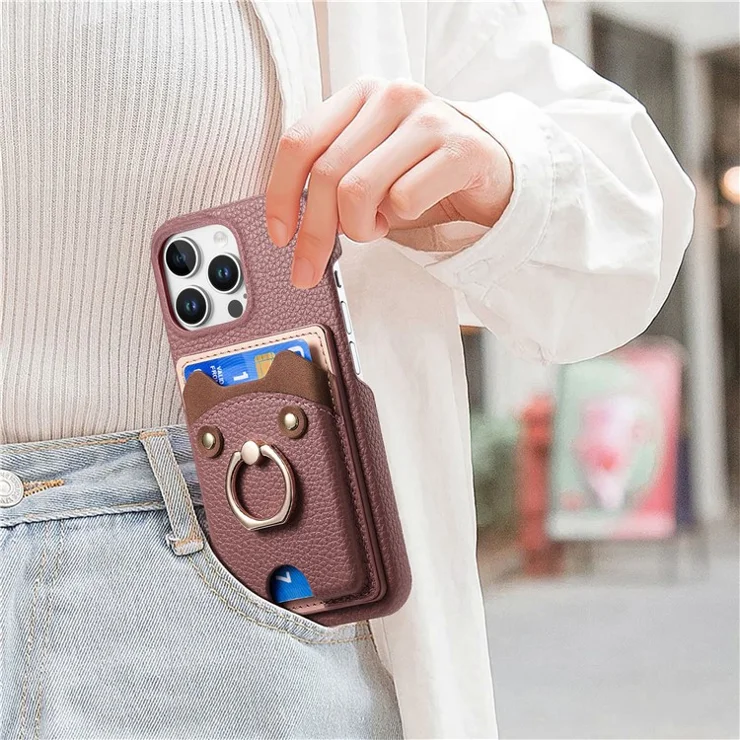 Y6 For iPhone 16 Pro Case Cute Bear Design PU Leather+TPU Card Holder Phone Cover - Light Red