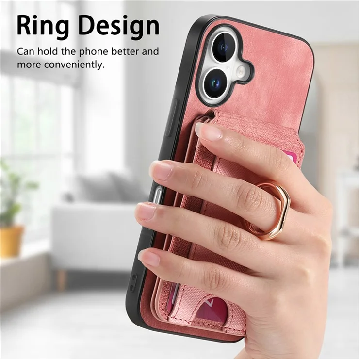 For iPhone 16 Plus Case Compatible with MagSafe Leather Back Cover with Detachable Card Holder Kickstand - Pink