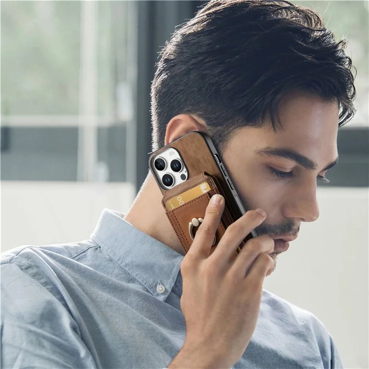 For iPhone 16 Pro Case Compatible with MagSafe Leather Back Cover with Detachable Card Holder Kickstand - Brown