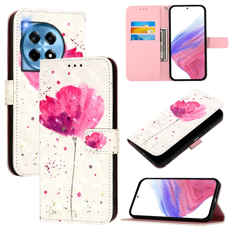 For OnePlus 12 5G Leather Case Pattern Printing Wallet Stand Mobile Cover with Strap - Flower