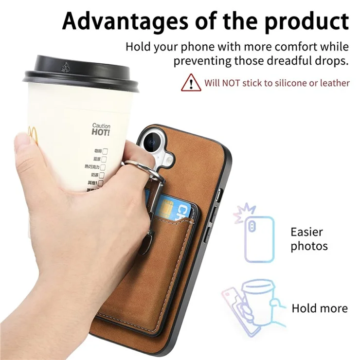 For iPhone 16 Case Compatible with MagSafe Skin-Touch Cover with Card Bag Kickstand - Brown