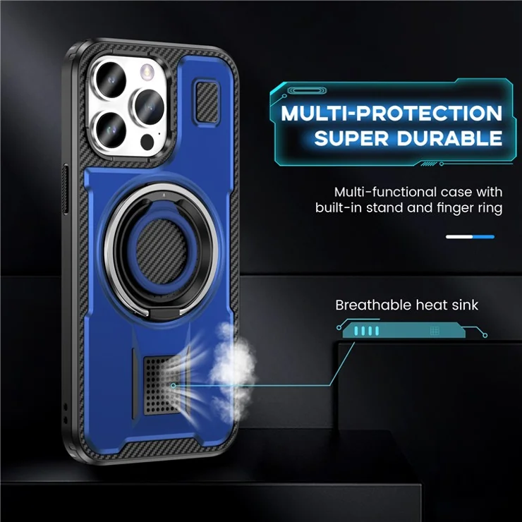 For iPhone 15 Pro Max Case TPU+PC Kickstand Phone Cover with Silicone Finger Strap - Blue
