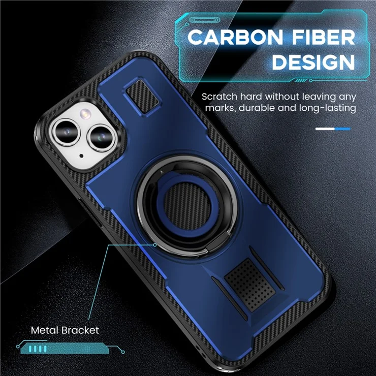 For iPhone 15 Case TPU+PC Kickstand Phone Cover with Silicone Finger Strap - Blue