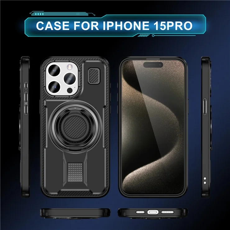 For iPhone 15 Pro Case TPU+PC Kickstand Phone Cover with Silicone Finger Strap - Black