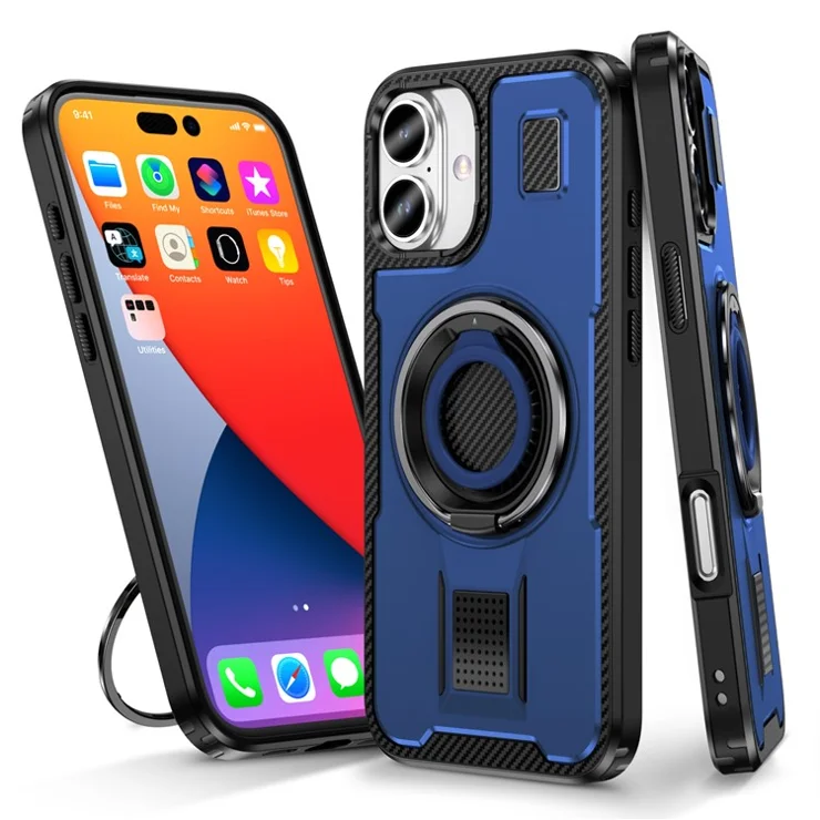 For iPhone 16 Case TPU+PC Kickstand Phone Cover with Silicone Finger Strap - Blue