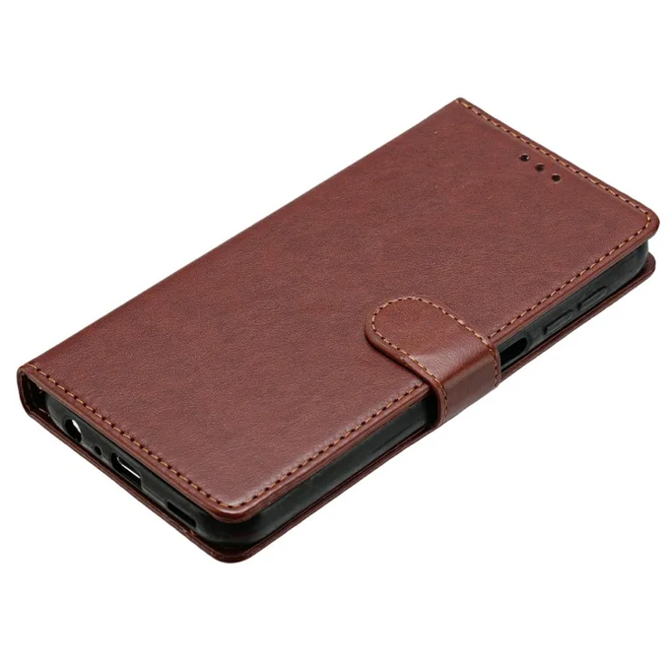 For iPhone 14 Leather Phone Case Wallet Stand Cover with Handy Strap - Brown