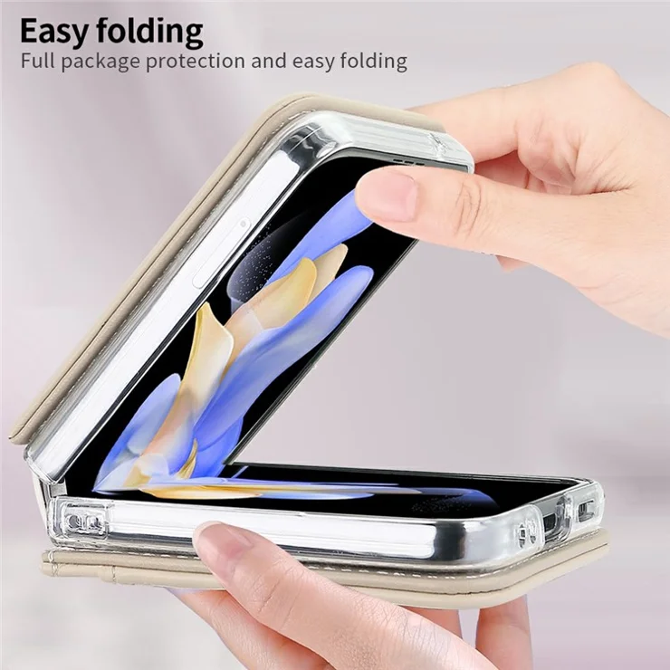 For Samsung Galaxy Z Flip5 5G Case with Strap Card Slot PU+PC Phone Back Cover - Beige