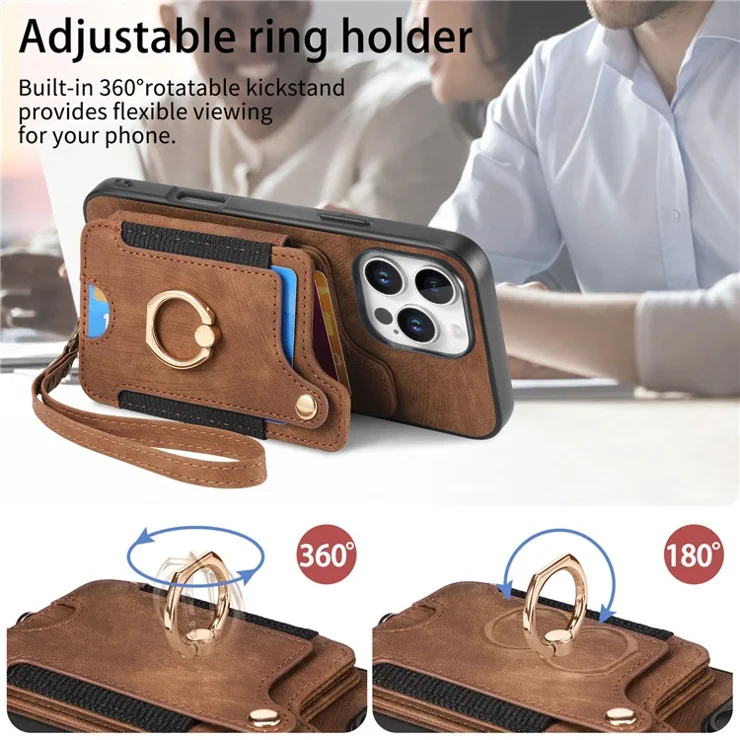 For iPhone 16 Pro Case RFID Blocking Handbag Leather+TPU Phone Cover Card Slots, Ring Holder - Brown