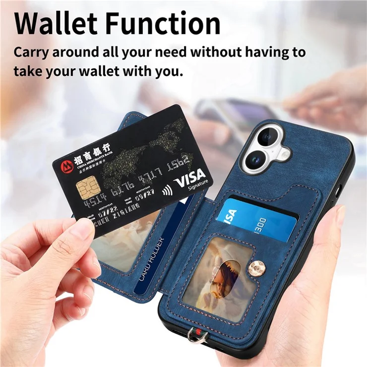 For iPhone 16 Plus Case RFID Blocking Handbag Leather+TPU Phone Cover Card Slots, Ring Holder - Blue