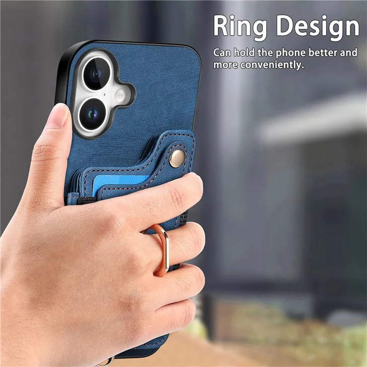 For iPhone 16 Plus Case RFID Blocking Handbag Leather+TPU Phone Cover Card Slots, Ring Holder - Blue