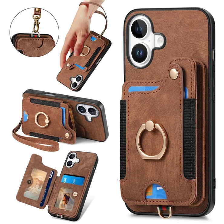 For iPhone 16 Plus Case RFID Blocking Handbag Leather+TPU Phone Cover Card Slots, Ring Holder - Brown