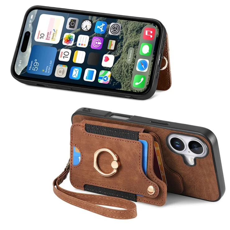 For iPhone 16 Plus Case RFID Blocking Handbag Leather+TPU Phone Cover Card Slots, Ring Holder - Brown