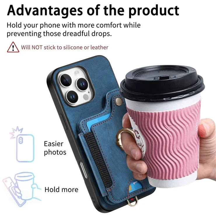 For iPhone 16 Pro Max Case RFID Blocking Handbag Leather+TPU Phone Cover Card Slots, Ring Holder - Blue