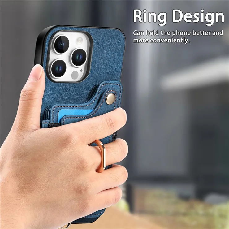 For iPhone 16 Pro Max Case RFID Blocking Handbag Leather+TPU Phone Cover Card Slots, Ring Holder - Blue