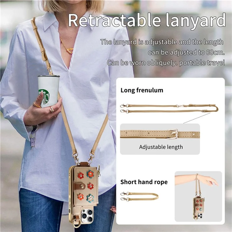 For iPhone 16 Pro Max Case Detachable Card Holder PU Leather+TPU Flower Aesthetic Phone Cover with Straps - Khaki