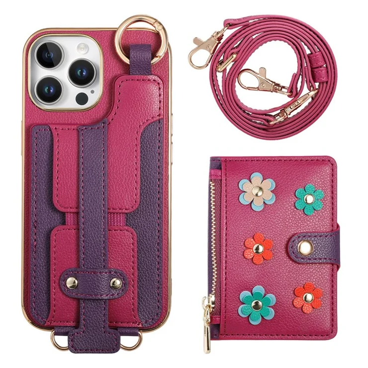 For iPhone 16 Pro Max Case Detachable Card Holder PU Leather+TPU Flower Aesthetic Phone Cover with Straps - Purple