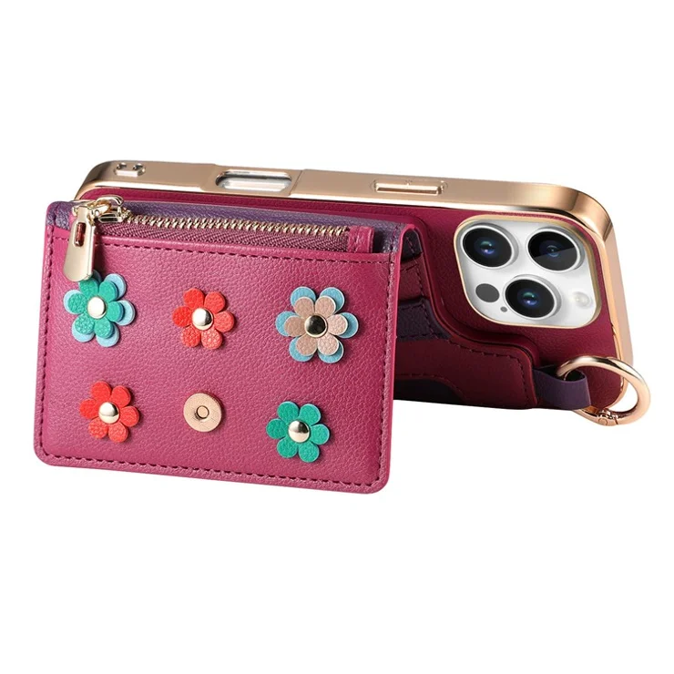 For iPhone 16 Pro Max Case Detachable Card Holder PU Leather+TPU Flower Aesthetic Phone Cover with Straps - Purple