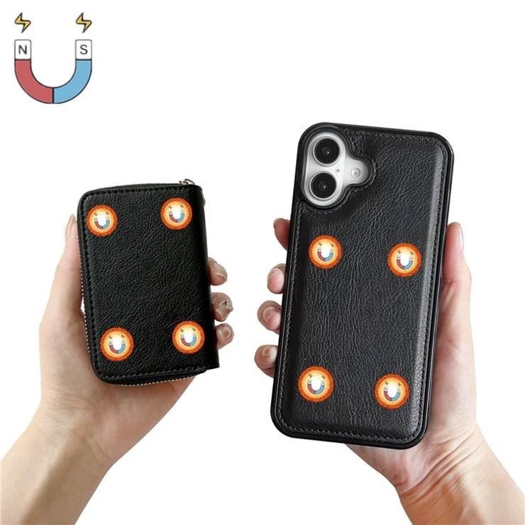 For iPhone 16 Case Detachable Zipper Card Bag PU+TPU Kickstand Phone Case with Strap - Black
