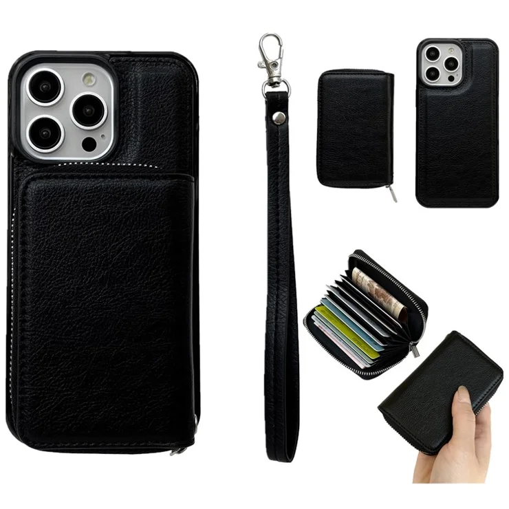 For iPhone 16 Pro Case Detachable Zipper Card Bag PU+TPU Kickstand Phone Case with Strap - Black