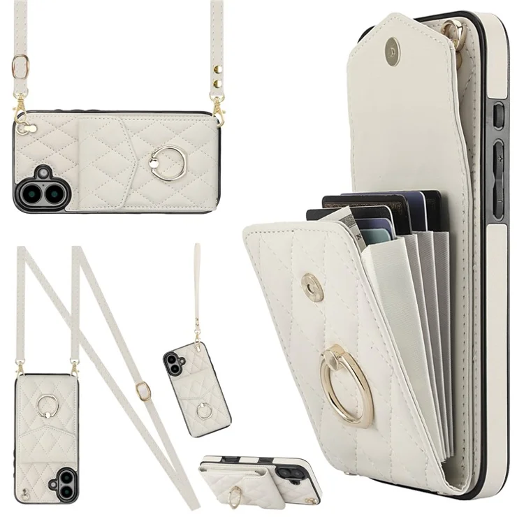 For iPhone 16 Plus Case Card Bag Leather+TPU Crossbody Phone Cover with Ring Kickstand - Beige
