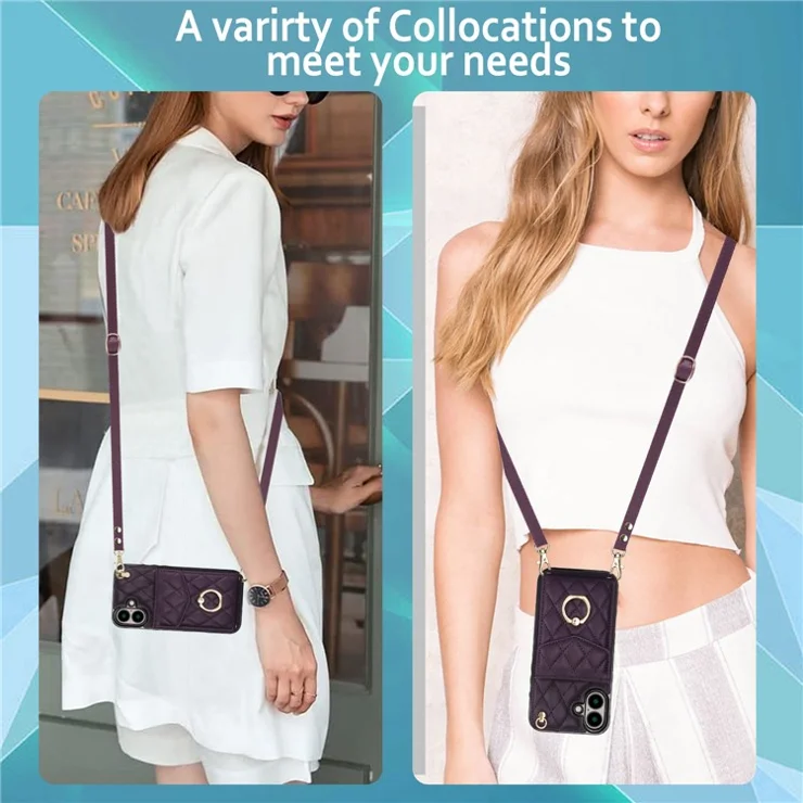 For iPhone 16 Plus Case Card Bag Leather+TPU Crossbody Phone Cover with Ring Kickstand - Dark Purple