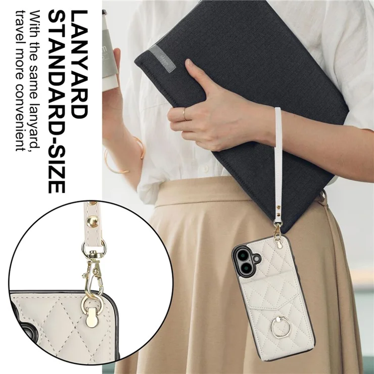 For iPhone 16 Case Card Bag Leather+TPU Crossbody Phone Cover with Ring Kickstand - Beige