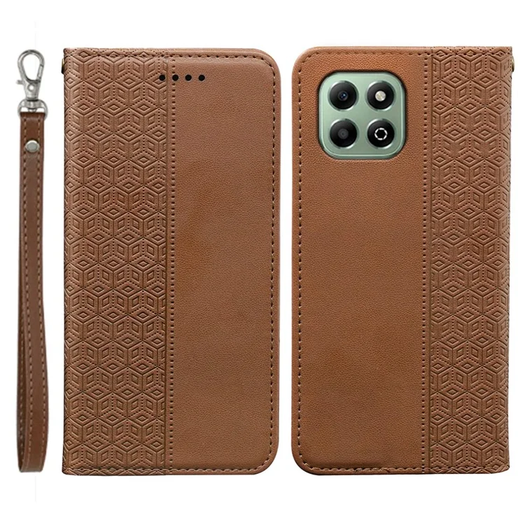 For Honor X6b 4G Wallet Phone Case Strong Magnetic Checkered Pattern Imprint Leather Flip Cover - Brown