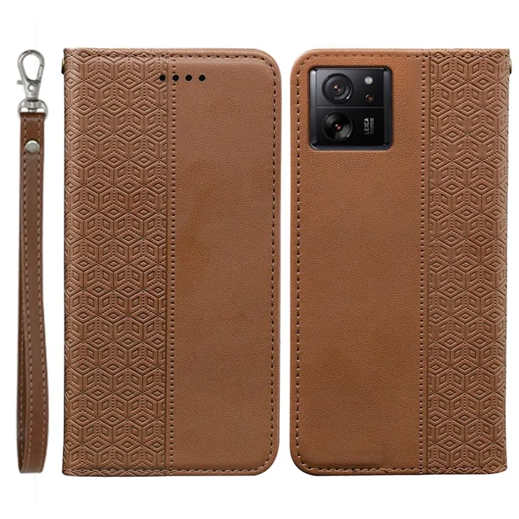 For Xiaomi 14T Wallet Phone Case Strong Magnetic Checkered Pattern Imprint Leather Flip Cover - Brown