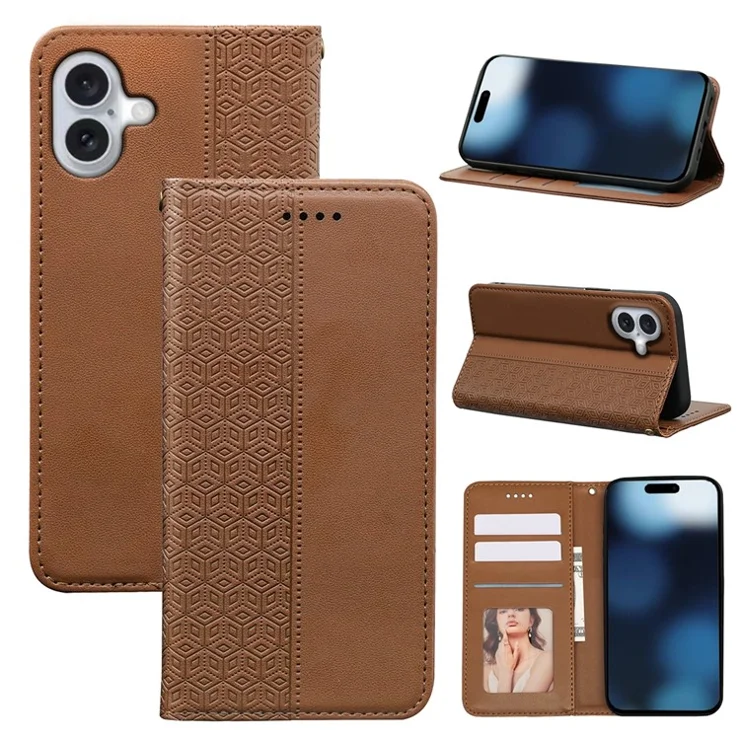 For iPhone 16 Wallet Phone Case Strong Magnetic Checkered Pattern Imprint Leather Flip Cover - Brown