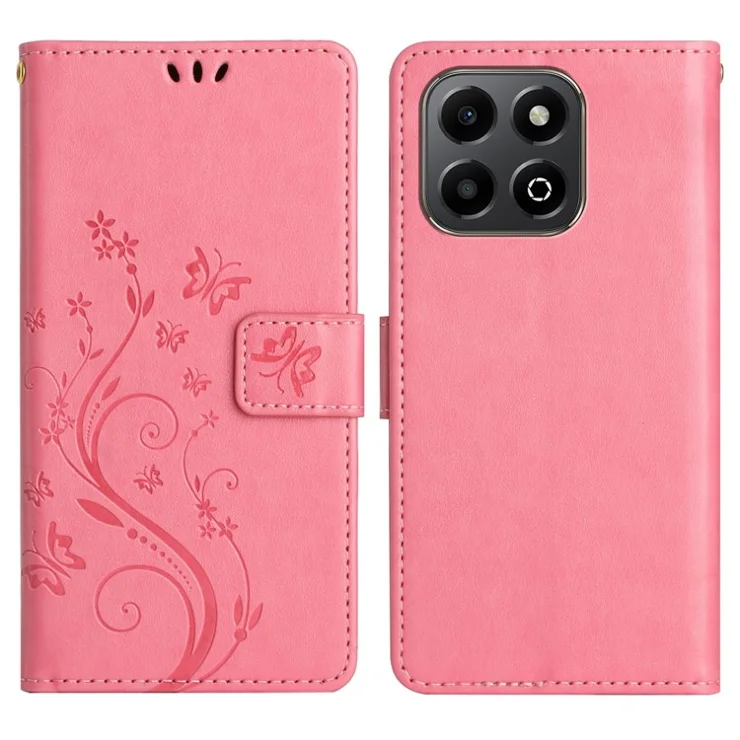 For Honor X6b 4G Leather Wallet Case Butterfly Flower Imprinted Phone Cover with Strap - Pink