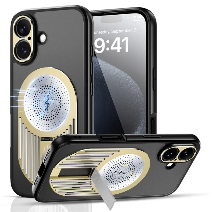 For iPhone 16 Case Kickstand Silicone+PC Phone Cover Graphene Heat Dissipation - Gold