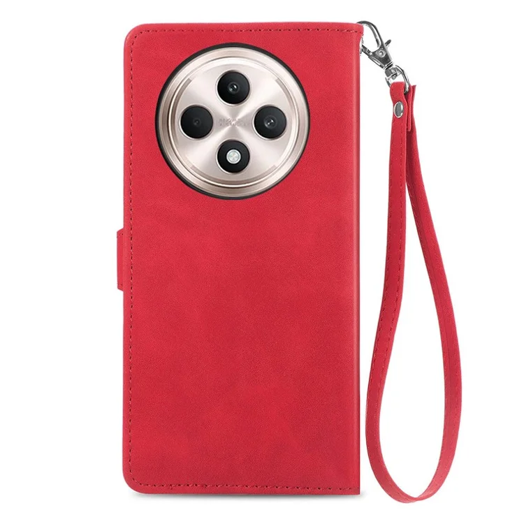 For Oppo Reno12 F 5G Zipper Wallet Case with Strap Flower Imprint PU Leather Phone Cover - Red